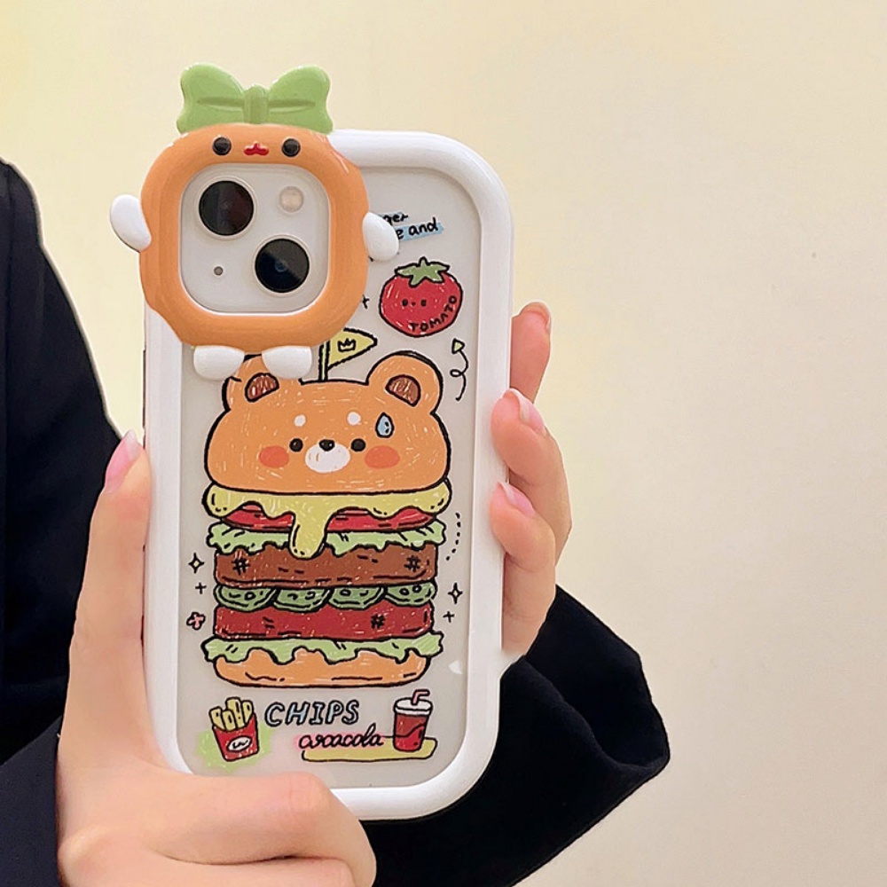 IPHONE Case Fashion Kompatibel Untuk Iphone11 13 12 iPhone6 7 8 Plus 14 Pro MAX 11Pro MAX XR XS MAX SE 2020 Lensa Monster 3D Kreatif Hamburger Pola Beruang Shockproof Phone Cover DGX