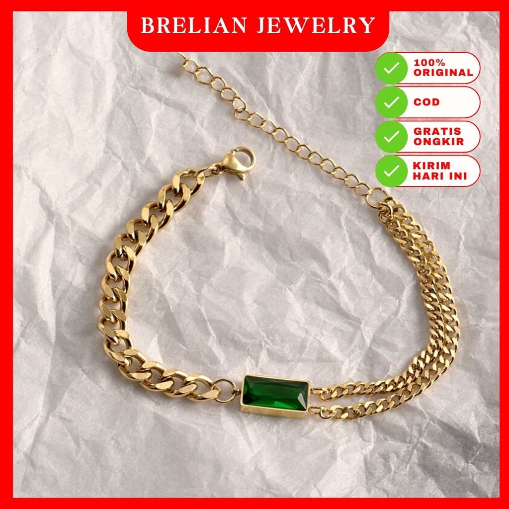 Gelang Titanium Double Rantai Permata hijau Asli Import Korea