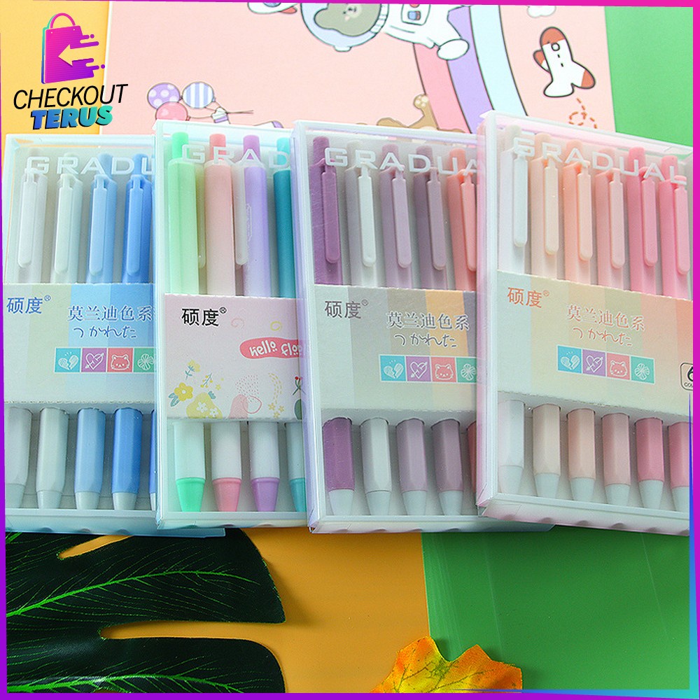 CT A48 Pulpen Gel Mekanik 6IN1 Motif Polos Warna Pastel Alat Tulis Pena Cair 0.5mm Perlengkapan Sekolah Korean Style Import