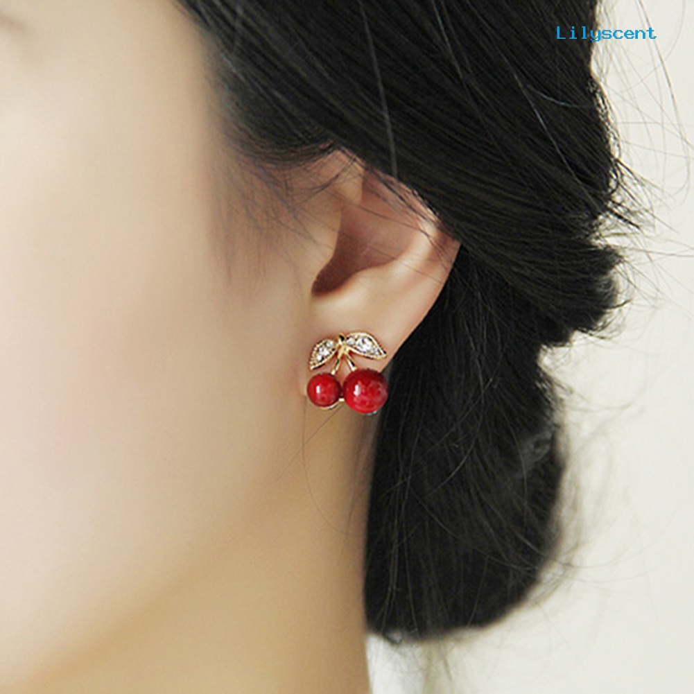 [LS] Wanita Merah Cherry Bening Berlian Imitasi Ear Studs Beads Golden Alloy Leaves Earrings