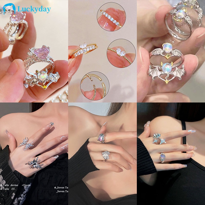 YEEZII Fashion Mutiara Kristal Cincin Set Opal Batu Permata Hati Kupu-Kupu Rings Korea Resin Pasangan Cincin Untuk Aksesoris Wanita Perhiasan