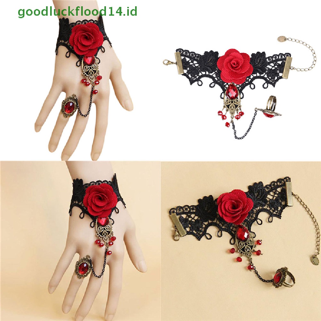 [GOOGFOUR] Hot New Gelang Mawar Merah Renda Gaya Gotik Elegan Dengan Cincin Jari Yang Dapat Disesuaikan [TOP]