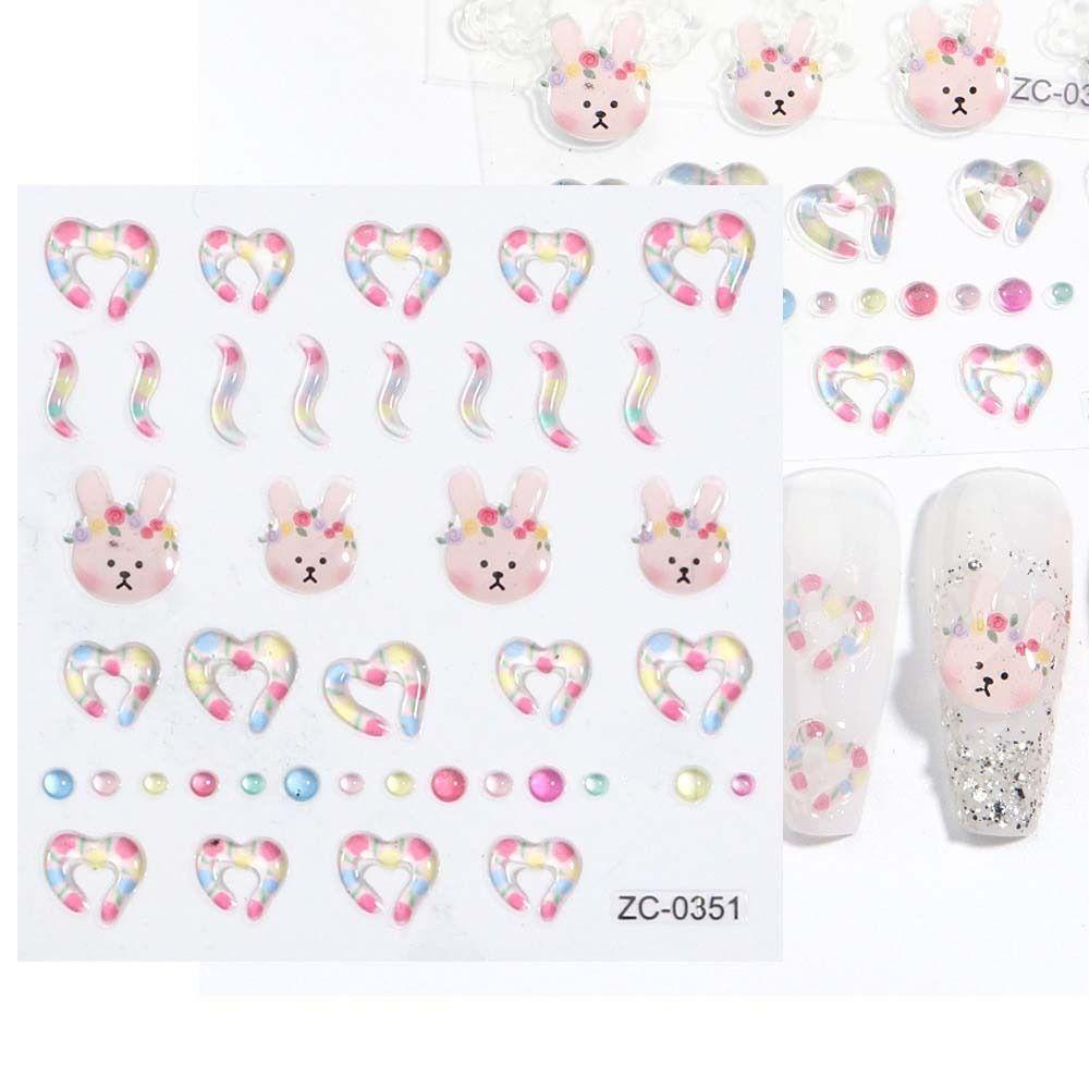 Agustina Jantung Stiker Kuku 5D Relief Warna-Warni Lembut Perekat Stiker Cinta Hati Kupu-Kupu Manikur Aksesoris Nail Art Dekorasi