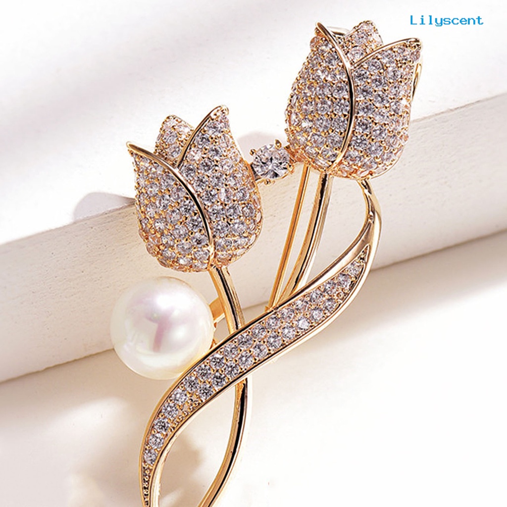 [LS] Lady Pin Berlian Imitasi Mutiara Imitasi Bentuk Tulip Shiny Women Brooch Untuk Prom