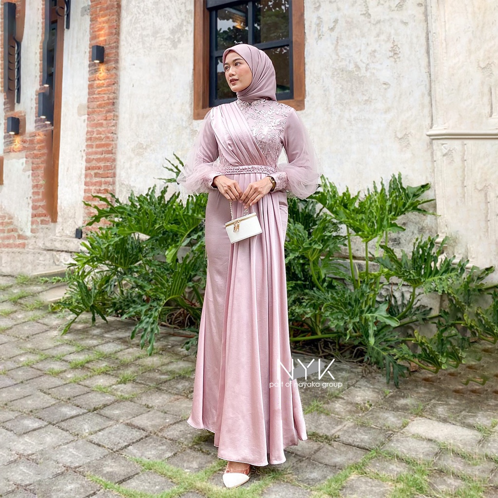 (LENGKAP 4 WARNA) Maxi Dress Kondangan Wanita Gamis Brokat Tulle Mix Velvet Payet Mutiara LD 110 Melody Dress Pesta