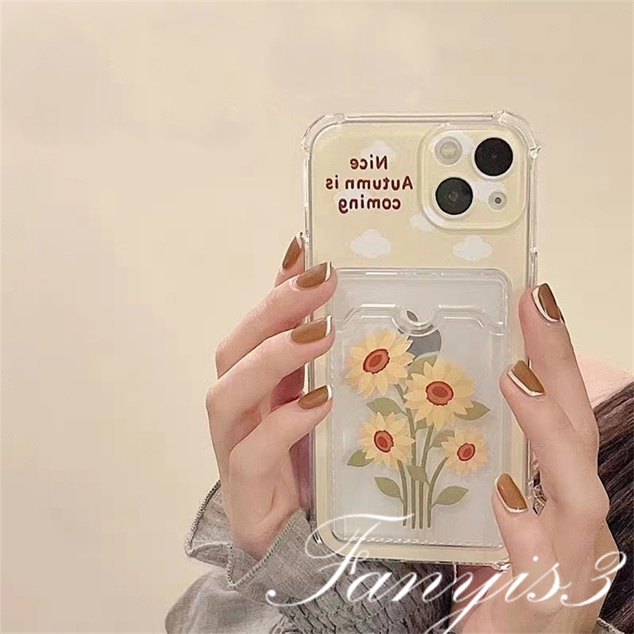 Compatible For IPhone 14 13 12 11 Pro Max X XR Xs Max 8 7 Plus SE 2020 Kompatibel Untuk Cute Sunflower Card Holder Phone Case Bening TPU Soft Cover Pelindung