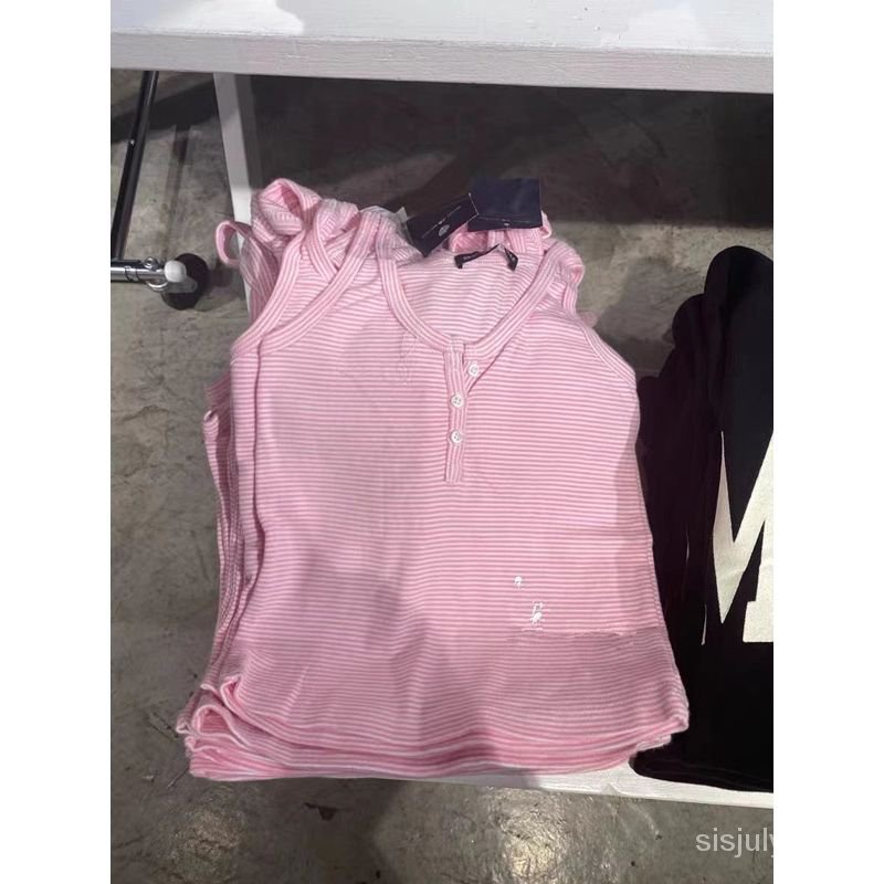#Sisjuly# Rompi bergaris merah muda tiga kancing gaya BM wanita