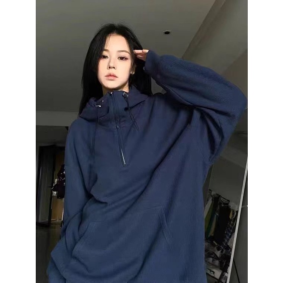 ☄✕Malas angin ritsleting wafel sweater wanita kebesaran rasa desain longgar ceruk lengan panjang awal musim gugur atasan Korea