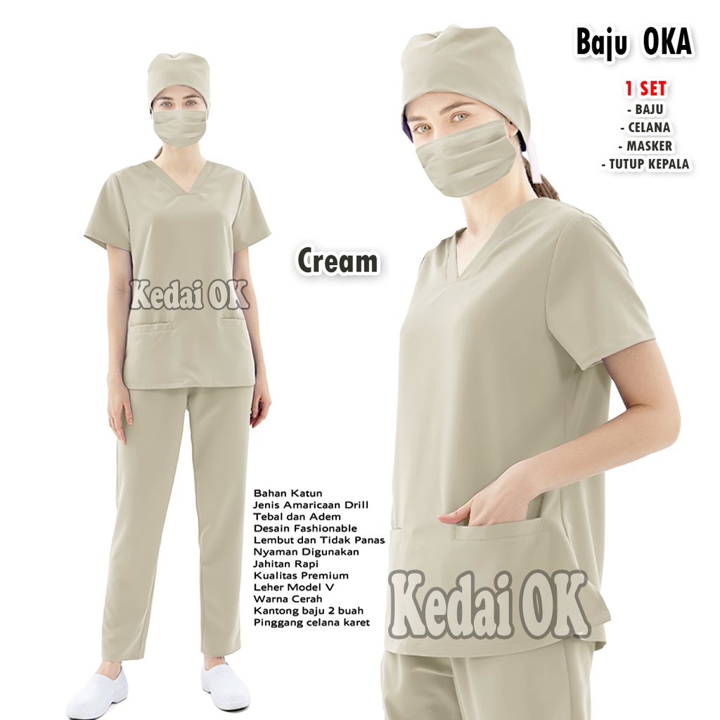 Jual Baju Oka Perawat Medis Lengan Pendek - Seragam OK Scrub Dokter - Bidan - Bahan American Drill