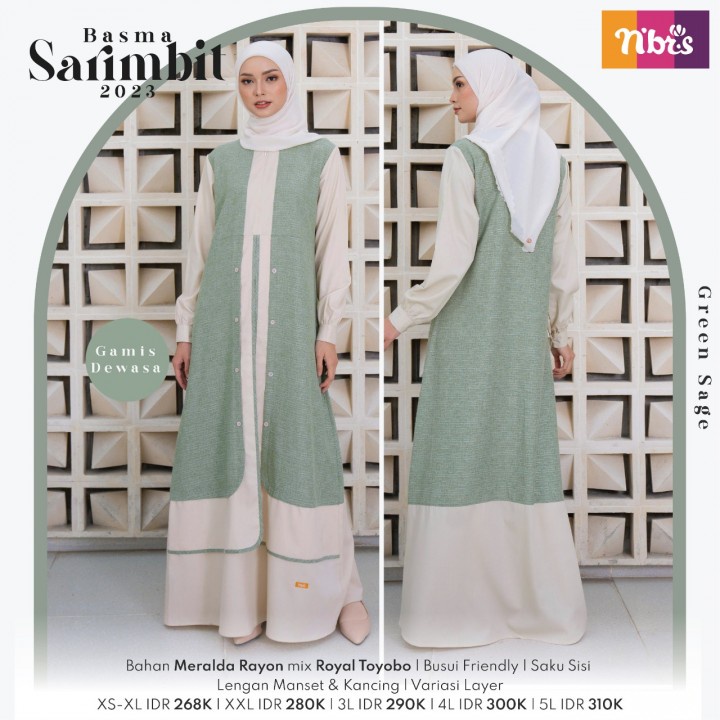 BASMA GAMIS SARIMBIT TERBARU 2023 WARNA GREEN SAGE