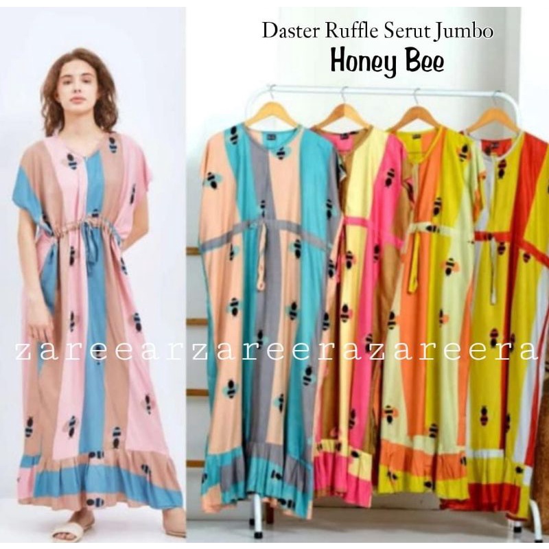 DASTER WRAPDRESS RUFFLE SERUT JUMBO HONEY BEE/DRESS PANJANG REMPEL SUPER JUMBO/DASTER KERUT TALI PIN