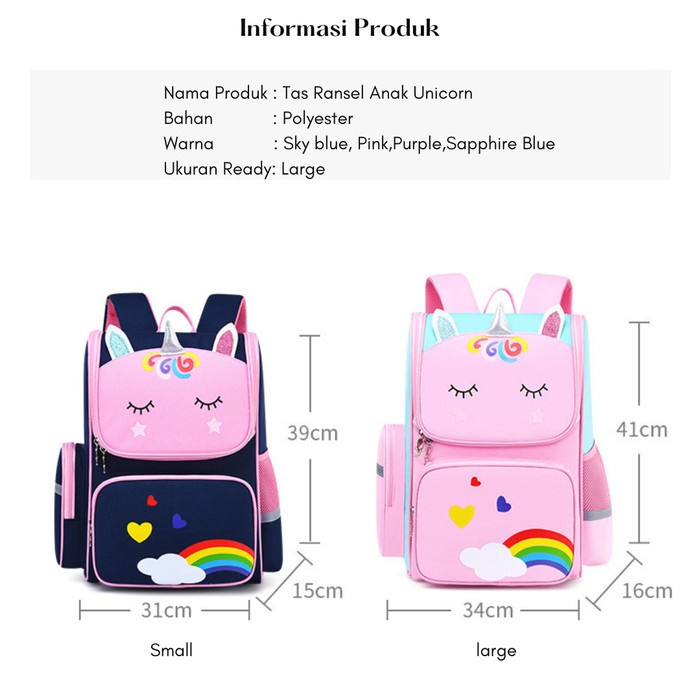 Tas Ransel Backpack Sekolah Anak Cowok Cewek TK SD Premium Unicorn