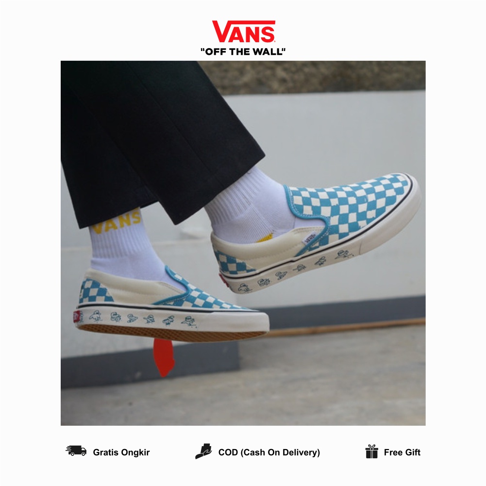 Vans Slip On Clasic Kakao N Friends Checkerboard Blue Couple Pria dan Wanita Original 100% BNIB Global Market Authentic Guarated Catur Ori