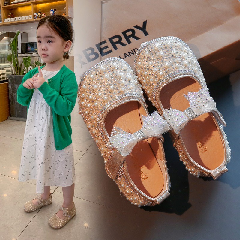 SH2264 Bisa COD Sepatu Flatshoes pesta anak Sepatu anak perempuan 2022 musim semi SIZE 21-35 mode baru berlian imitasi mutiara gadis kecil sepatu kulit putri ikatan simpul lucu trendi