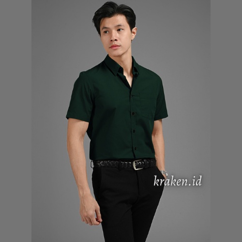 KEMEJA PRIA HIJAU BOTOL GREEN POLOS LINEN RAMI LENGAN PENDEK PREMIUM HEM PRIA PENDEK POLOS
