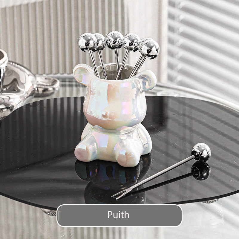 Mi.more Fruit Dessert Fork Keramik Holder Set (1Pc Holder+6Pcs Fork)/ Garpu Buah Stainless Steel