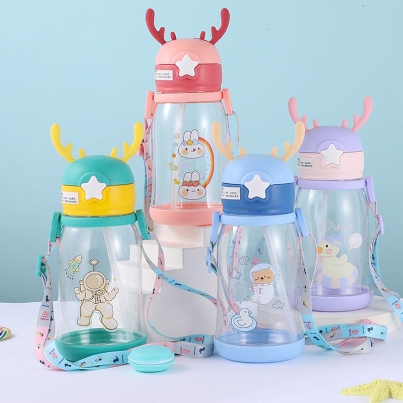 Botol Minum Tanduk Rusa Sticker Dengan Tali Sedotan 600ML Anti Pecah Dan Anti Tumpah