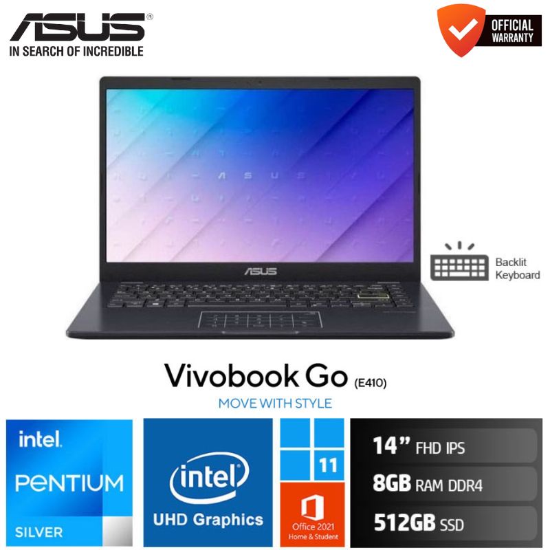 Asus Vivobook E410KAO-VIPS655 [Pentium Silver N6000/8GB/512GB SSD/14″FHD/Intel UHD/Win 11+OHS 2021]-