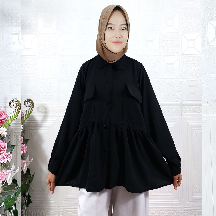 CARLINA BLOUSE CRINGKLE AIRFLOW WANITA ARINA RUBI 2 KANTONG DEPAN