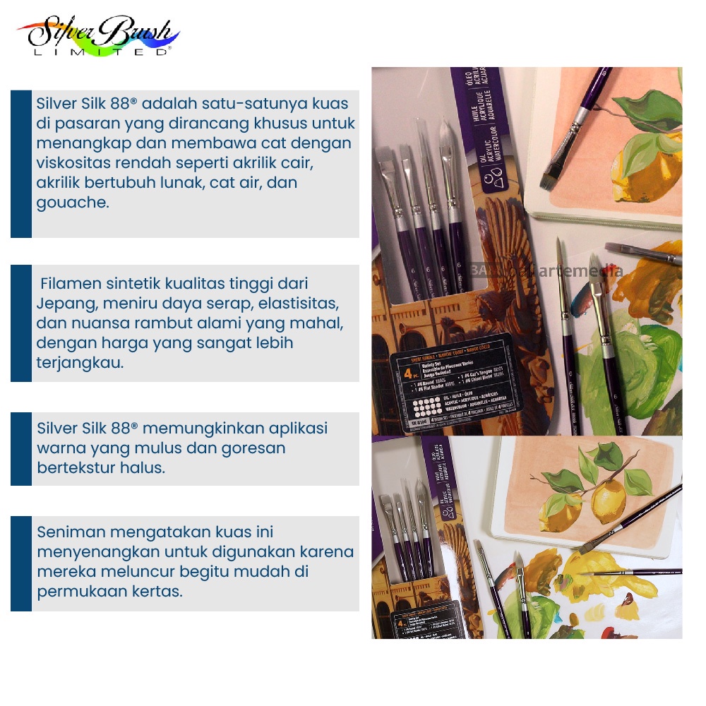 Kuas Lukis Set Alat Melukis Silver Brush/ SK-8106 Silver Silk 88® 4pcs Perlengkapan Menggambar Terlaris By Bali Artemedia