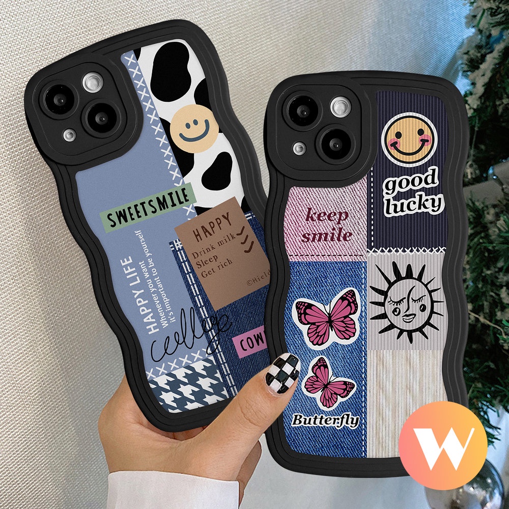 Casing Tpu Lembut Tepi Bergelombang Kompatibel Untuk iPhone 7Plus 11 13 12 14 Pro Max X XR XS Max 6s 6 8 7 14 Plus SE 2020 Tekstur Kupu-Kupu Smiley Pola Sambungan Penutup Belakang