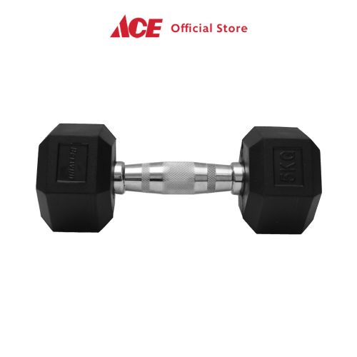 Ace - Berwyn Dumbbell Karet Hexagonal 5 Kg - Hitam Barbel Alat Fitness Gym Angkat Besi Peralatan Angkat Beban Perlengkapan Fitnes