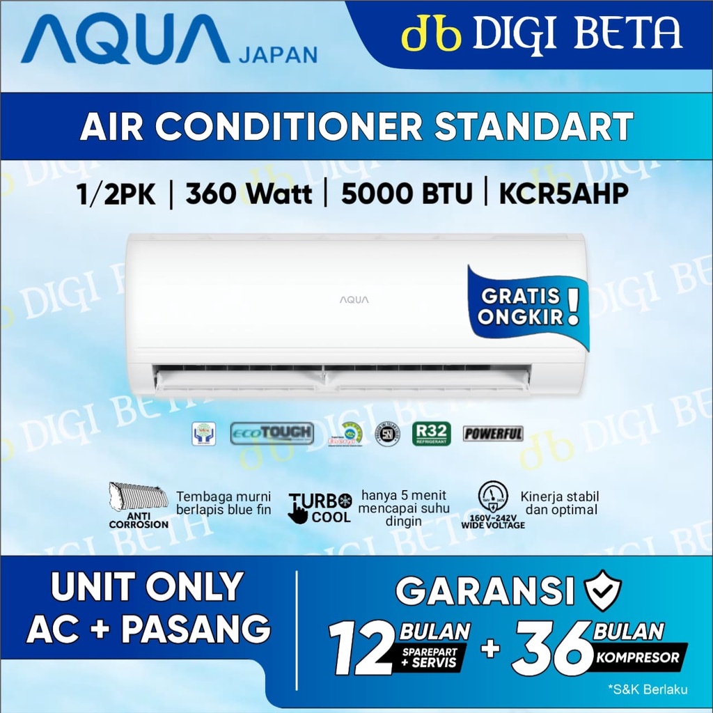 AC AQUA 1/2 PK Standart AQA-KCR5ANP Air Conditioner Split 360 Watt Pendingin Ruangan R32 + Pasang