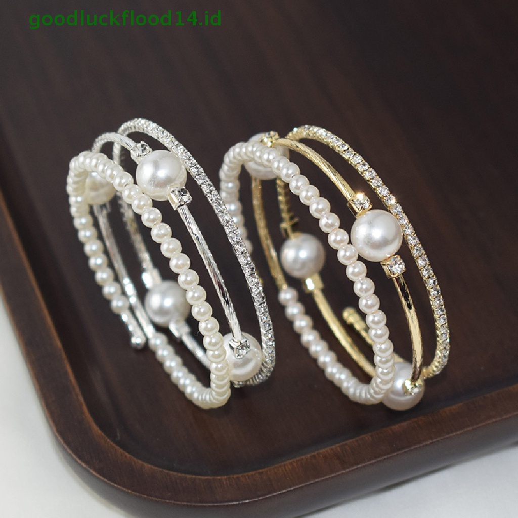 [GOOGFOUR] Kristal Mutiara Gelang Wanita Berlian Imitasi Multi-layer Adjustable Bangles Manset Berlapis Emas Perak Pesona Gelang Perhiasan Hadiah [TOP]