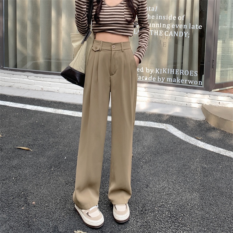 Khaki / Hitam Highwaist Kasual Loose Celana Panjang Wanitan / Celana Setelan Korea Style