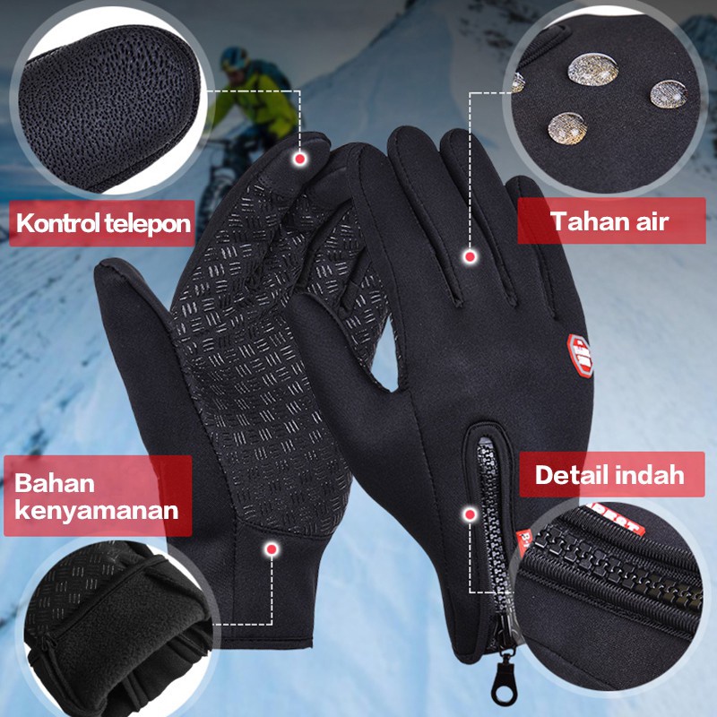 (COD) Sarung tangan Sepeda Motor Touchscreen HP handphone Zipper Resleting Waterproof Dengan Zipper Gym Sport Gloves