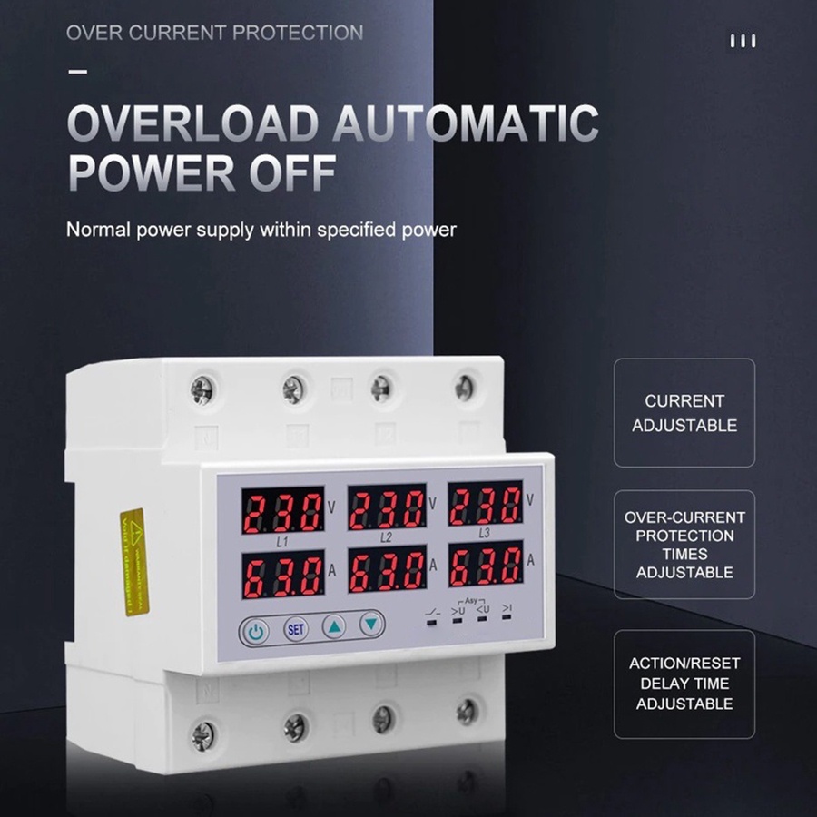 3 Phase 380V 3-63A Din rail Voltmeter Ammeter Adjustable Over and Under Voltage Current Limit Protection Monitor Relays Protector