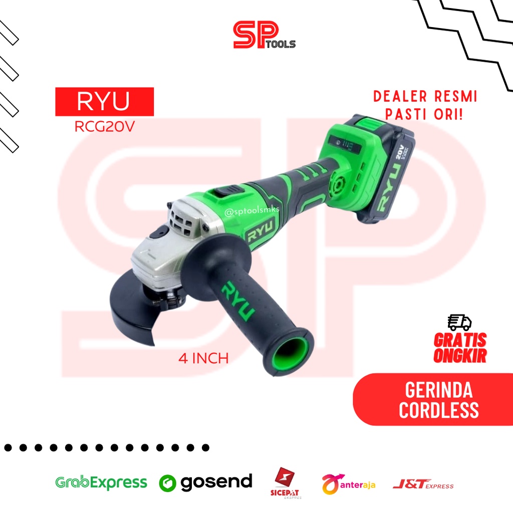 MESIN GERINDA CORDLESS BATERAI CAS 4" 4 INCH RYU RCG20V / RCG 20V