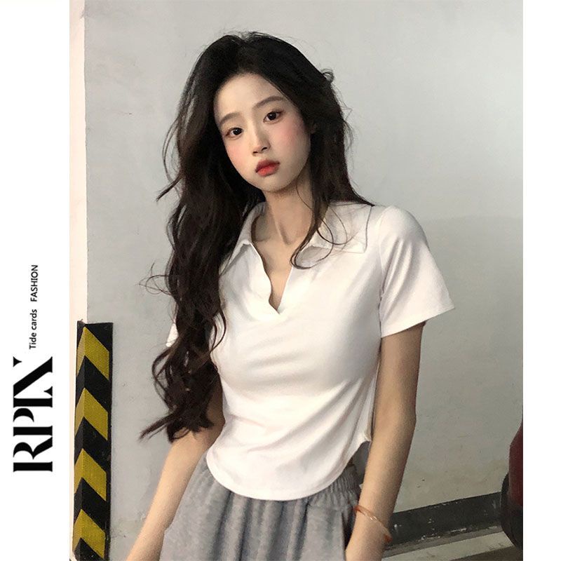 Red RPIN Irregular Putih Pendek Pure Desire T-shirt Wanita Musim Panas Baru POLO Kerah Slim Lengan Pendek Bahu Depan Top trendi