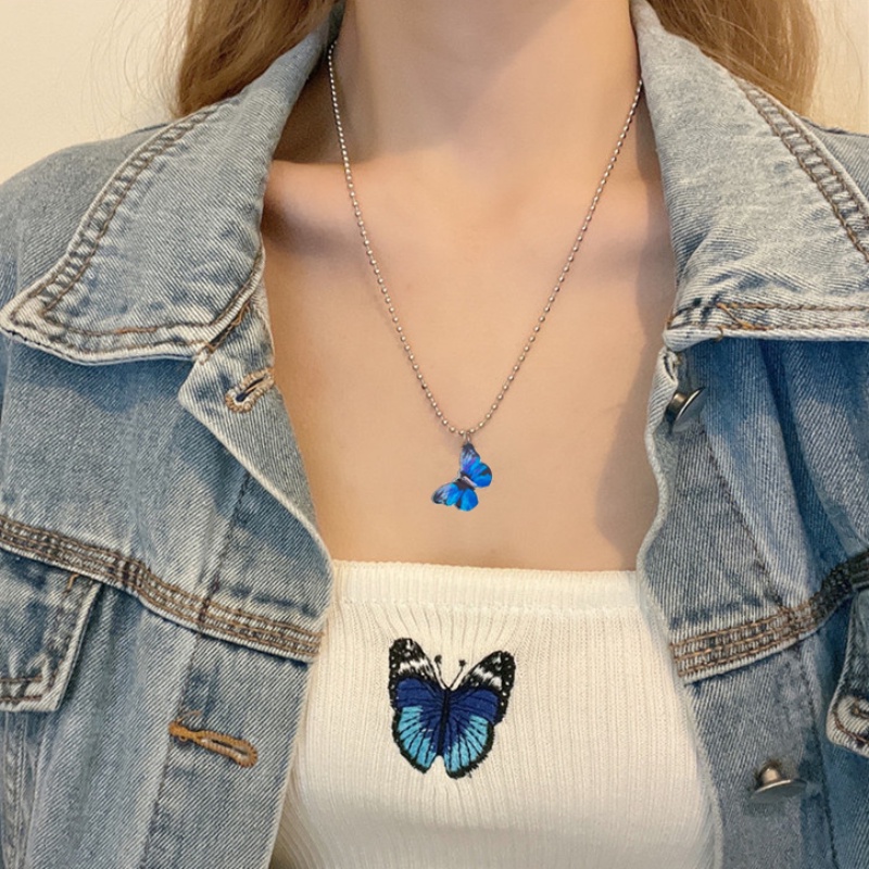 Magic789 Korea Laut Biru Kupu-Kupu Liontin Kalung Untuk Wanita Pria Unisex Fashion Perak Manik-Manik Tulang Selangka Rantai Kalung Perhiasan Hadiah