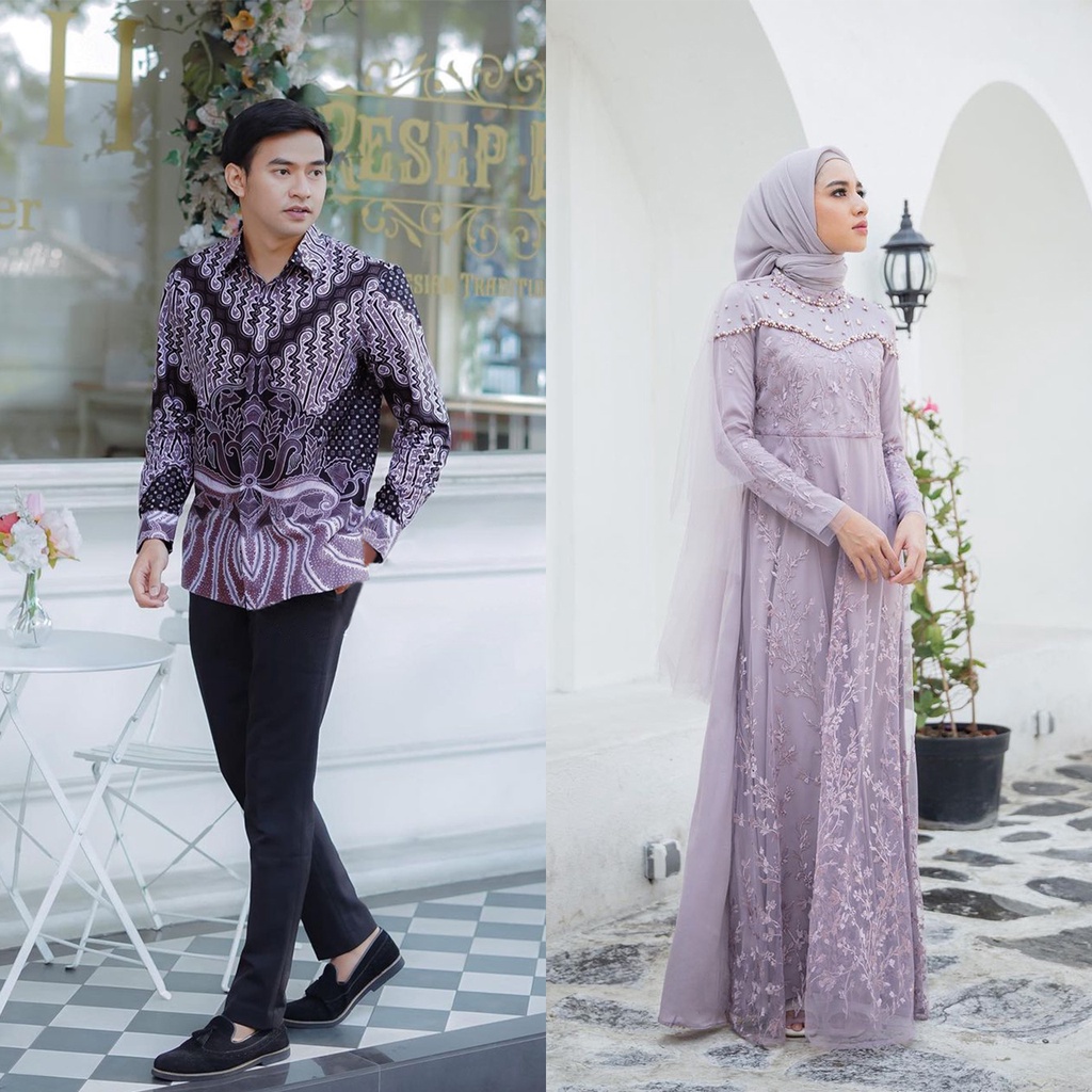 BATIK COUPLE GAMIS BROKAT TULLE MODERN FANIA - DRESS KONDANGAN WANITA KEKINIAN BAJU COUPLE PASANGAN LENGAN PANJANG GAMIS PESTA