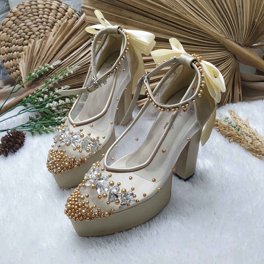 Sepatu wedding pesta cantik mingka gold 12cm tahu