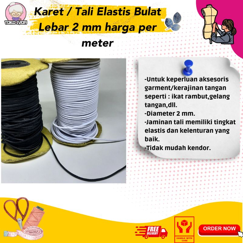 Tali elastis /Tali masker bulat lebar uk. 2 mm warna putih/hitam dijual per-meter