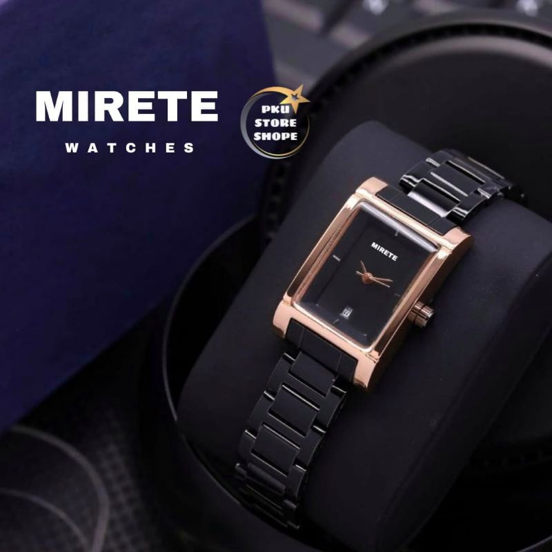 Jam Mirete Edition Fitur Tanggal Full Hitam | Jam Tangan Kasual Wanita Persegi Panjang Strap Baja Ready Stok