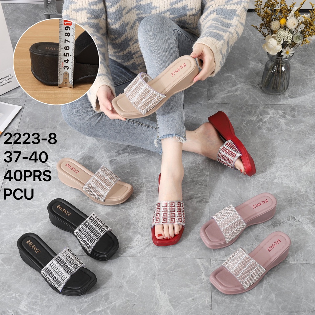 BALANCE Sandal Slop Wedges Wanita Hak Import Karet Tebal Tinggi 5 Cm Sol Empuk Anti Slip Kokop Motif Manik G 2223-8