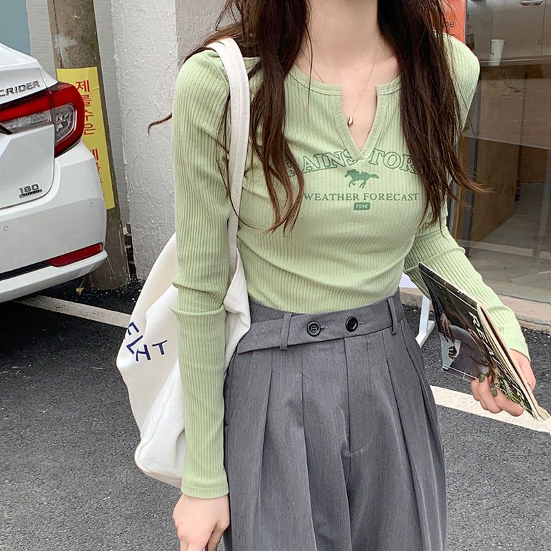 Red Korea INS Musim Gugur Baru Retro Buka V-Leher Benang Printing Slim Fit Slim All-Match Pendek Lengan Panjang T-shirt Wanita
