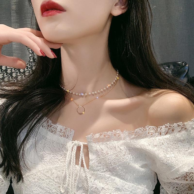 Kalung Choker Mutiara Double Layer Rantai Bulat Aksesoris Fashion