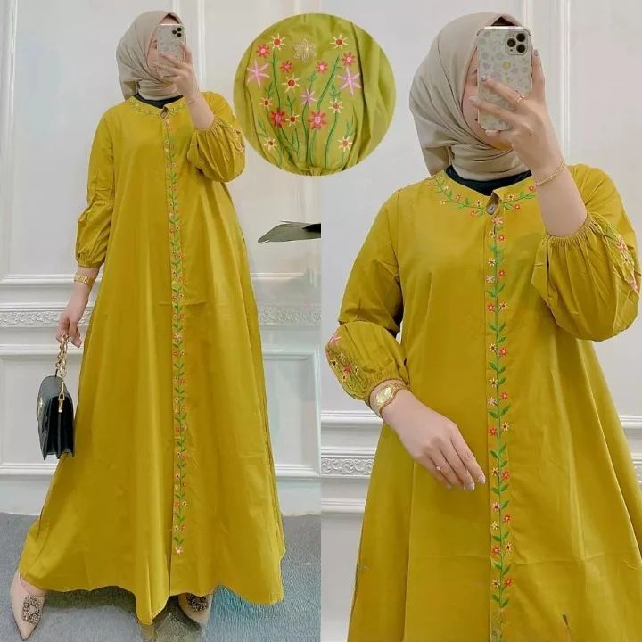Original Dress Gamis Bordir Kondangan Kuning Lime Jumbo Mewah Kekinian Terbaru 2023