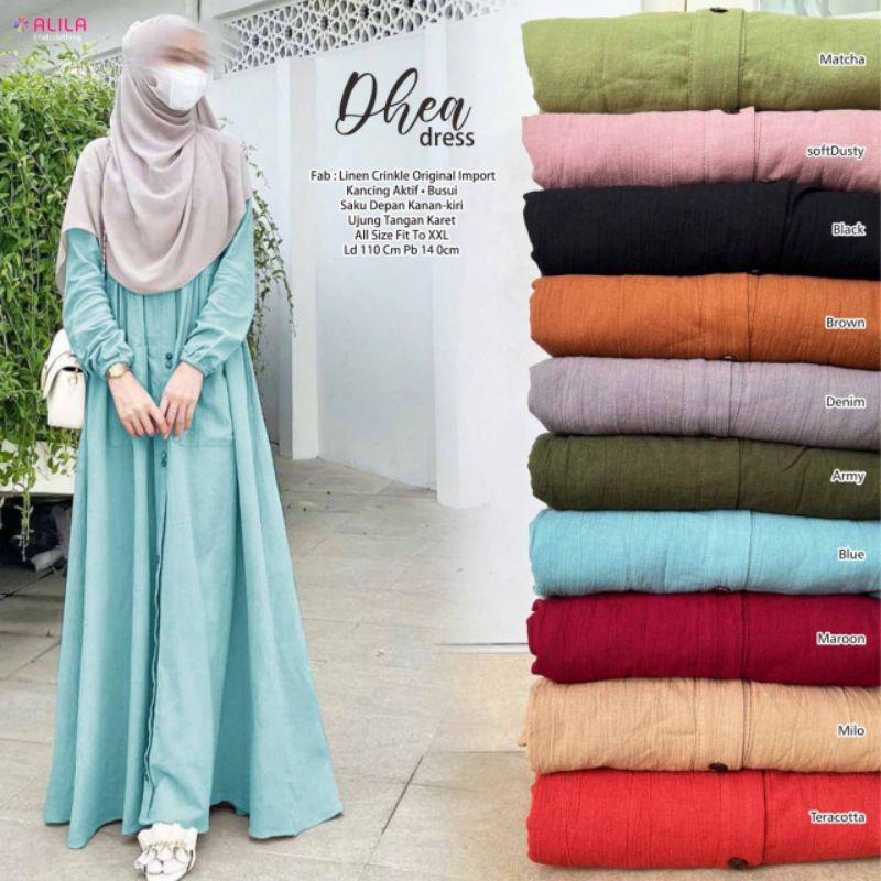 DHEA DRESS ORI ALILA | Dress Perempuan Linen Crinkle Original Import Kancing Aktif