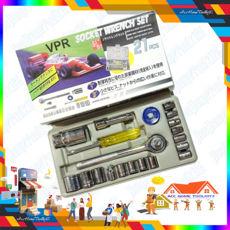 Kunci Sock Set 21Pcs Socket Wrench Set Diameter 9,5mm / 6,3mm Kunci Baut Roda Mobil Mata Sok 4 , 4.5 , 5 , 6 , 7 , 8 , 9 , 10 , 11 , 12 , 13 , 14 , 17 , 19 mm VPR KTP