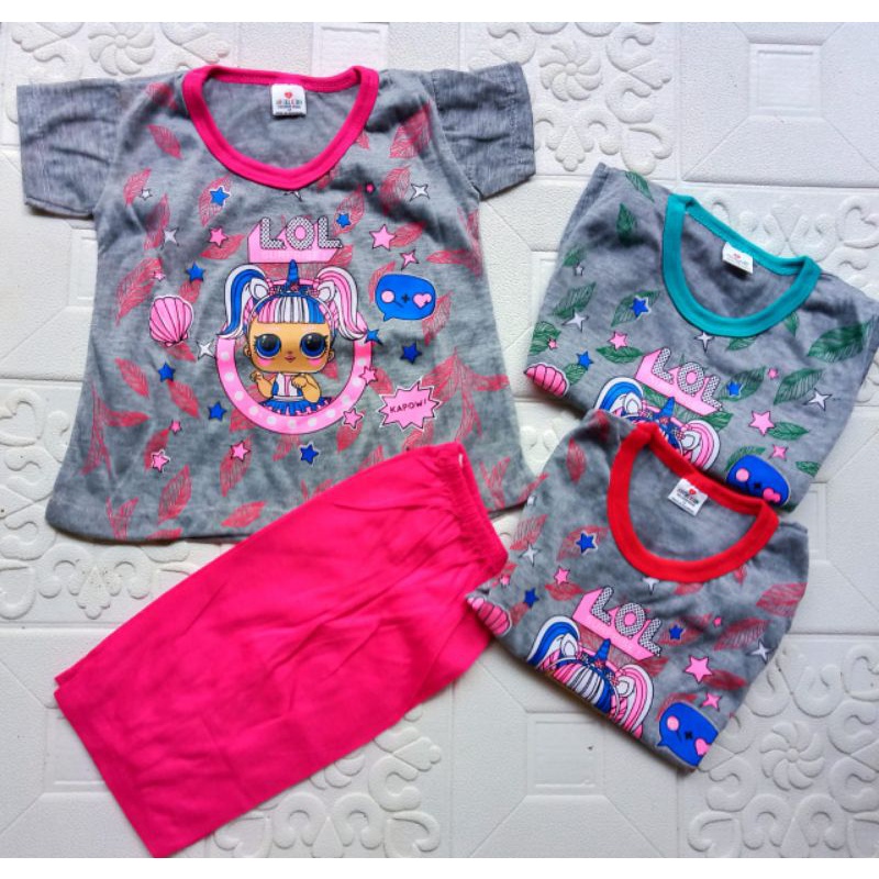 Baju Setelan harian celana pendek anak perempuan 1-5 tahun / setelan pendek anak cewek hello kitty doraemon lol