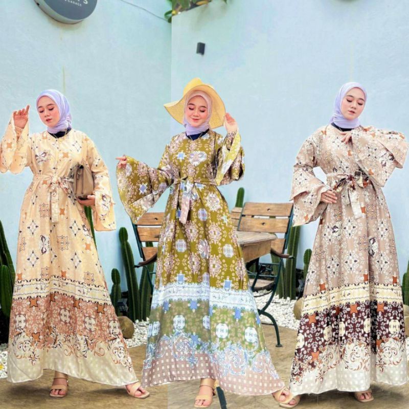 Harera Gamis Terbaru Diora Silk Dress Wanita Lengan Terompet Tumpuk Panjang Maxidress Kekinian LD 110 cm