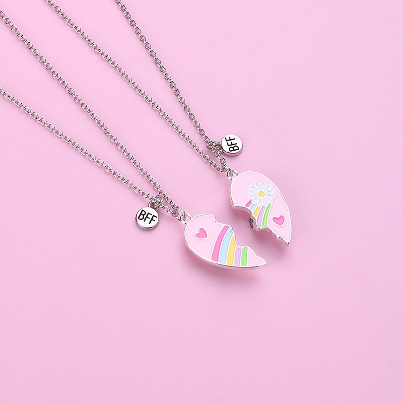 2pcs/set Lucu Warna-Warni Pelangi Bentuk Hati Liontin Rantai Sahabat Kalung Bff Persahabatan Anak Perhiasan Hadiah Untuk Perempuan