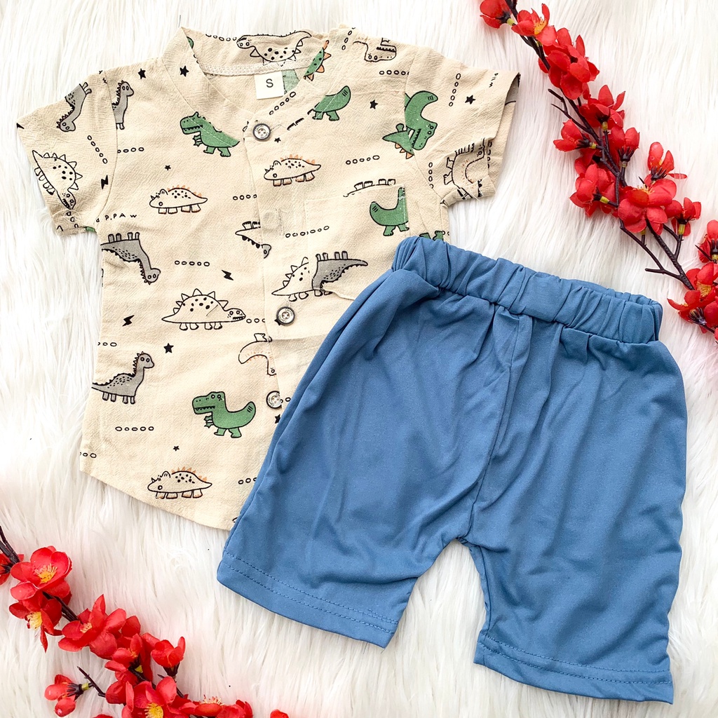 Baju setelan import kemeja celana babyboy bayi cowok pergi jalan murah bestseller lucu -IMP THE DINOS