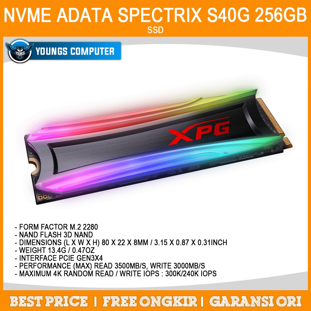 ADATA SSD RGB XPG SPECTRIX S40G 256GB PCIE GEN3x4 - AS40G-256GT-C NVME