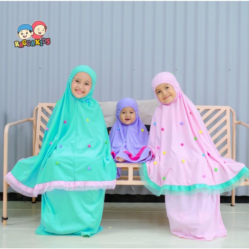 Mukena Anak Mukena Bayi Branded Nyaman Lucu Rukuh Pompom Raggakids Gratis Tas Sajadah 1-12 tahun